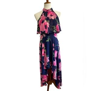 ELIZA J Dress Womens 4 Navy Pink Floral Halter Neck Chiffon Hi/Lo Midi (No Belt)